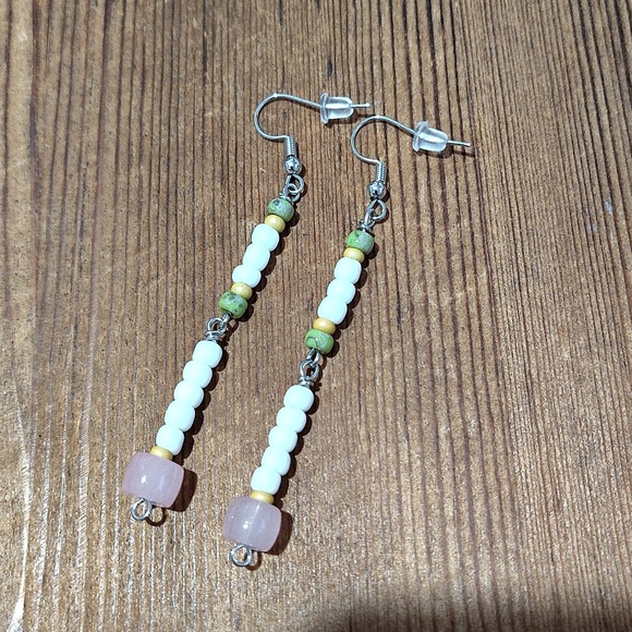 Handmade Jewelry - *5 For $20*White and Pink Beaded Long Dangle Earrings / Handmade Ladies Earrings